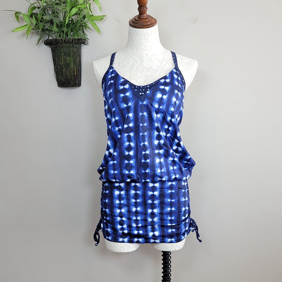 Athleta Mashiko Side Scrunch Tankini Bra Swim Top Dress Blue Dots Tie Dye 36 B/C - Picture 2 of 14